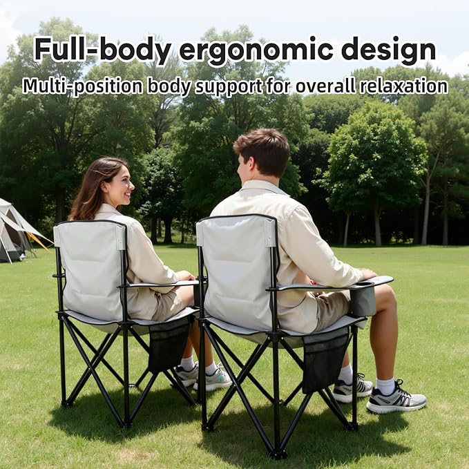 Heavy Duty Camping Chairs 600D Oxford Portable Folding Chair - Extra Wide Armrests, Cup Holder & Cooler Bag, Supports 350lbs, Ideal for Outdoor, Beach, Picnic & Sports