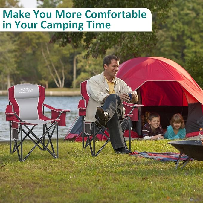 Camping Chair with Cooler Bag, Cup Holder, Storage Pocket, Heavy Duty 450lbs Capacity with Large Anti-Sink Feet, Portable Folding Padded Chair for Outdoor, Beach, Fishing, Sports, Red 2Pack