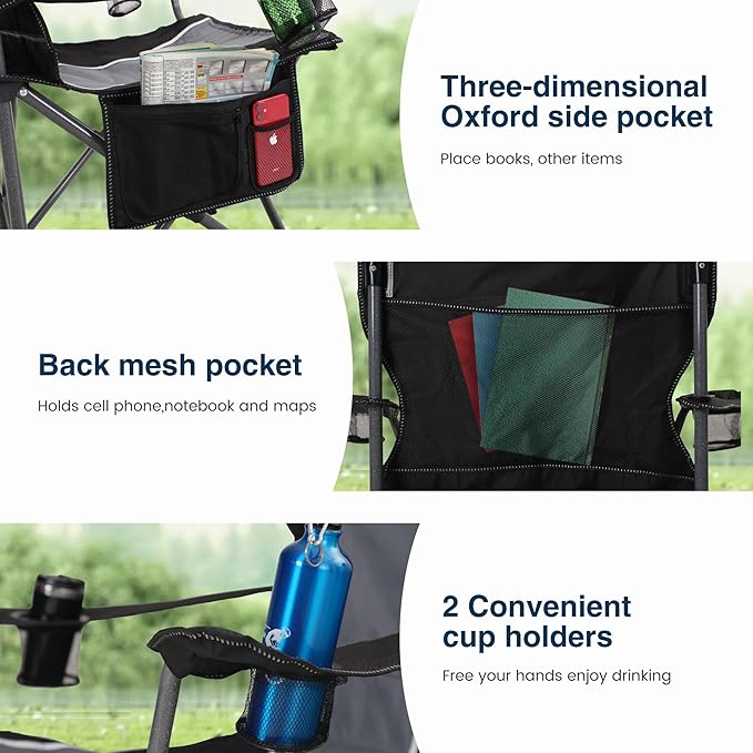 HIGH POINT SPORTS Oversized Camping Folding Outdoor Chair with Armrest, Collapsible Portable Lawn Chair with Cup Holder for Adults Support 350 LBS, Gray-Black