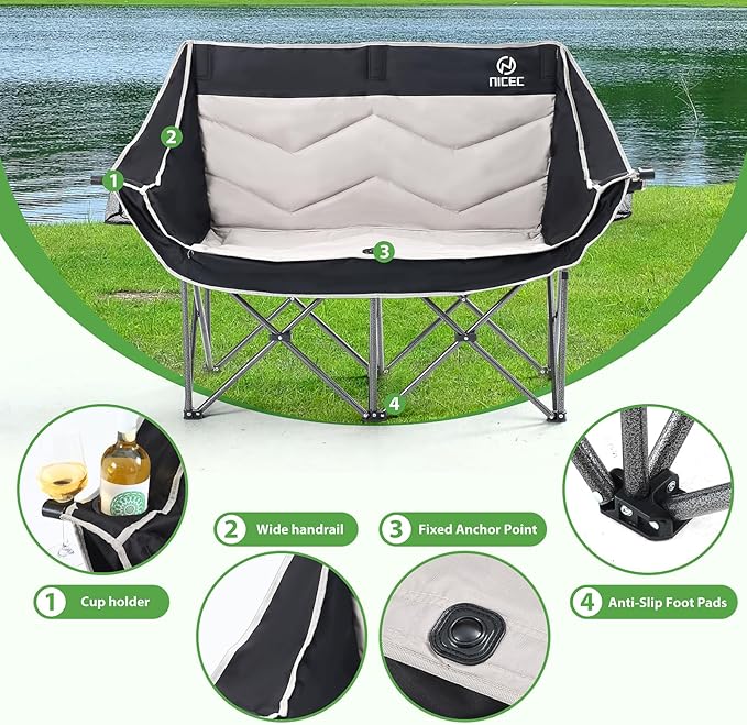 Nice C Loveseat Camping Chair, Double Camping Chair, Outdoor Camping Couch, Oversized Camping Loveseat, Padded Folding Chair for Adults, with Cooler Bag, Wine Glass Holder (Black&Grey)