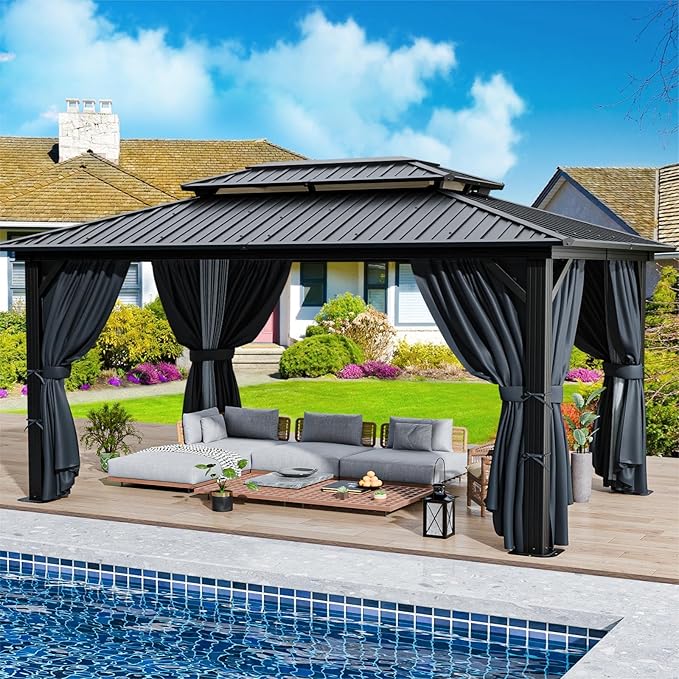 HOTEEL 10x12 Hardtop Gazebo on Clearance with Heavy Duty Galvanized Steel Double Metal roof,Aluminum Frame,Patio Gazebo with Curtains and Netting,Outdoor Permanent Pavillon for Backyard,Black
