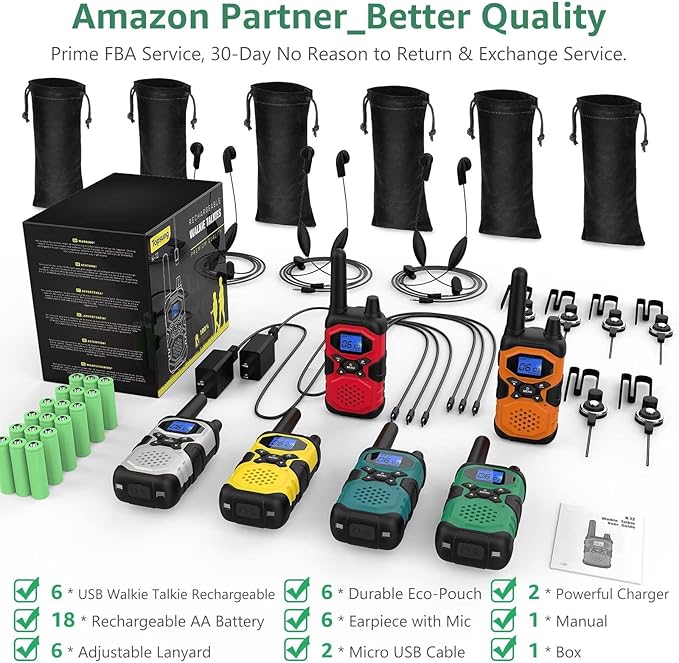 Walkie Talkies for Adults Rechargeable Long Range 6 Pack, Family 2 Way Radio NOAA Walkie-Talkie with Earpiece USB Cable 4500mAh Battery for Farm Warehouse Working Camping Hiking Hunting Cruise