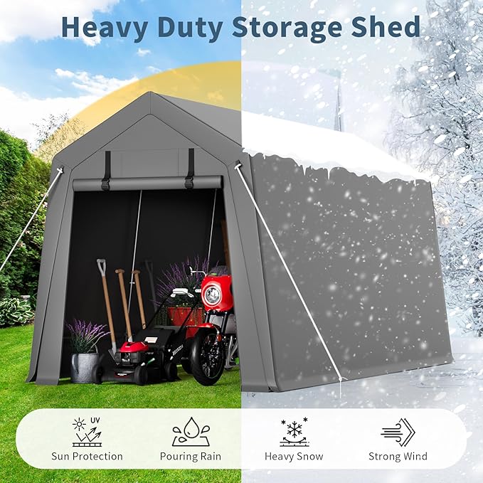 Garvee 7 ft x10 ft Outdoor Portable Storage Shed, Waterproof & UV-Resistant Garage Shelter with 2 Roll-Up Zipper Doors, Anti-Snow Carport Tent for Motorcycle, Bike, and Outdoor Equipment, Gray