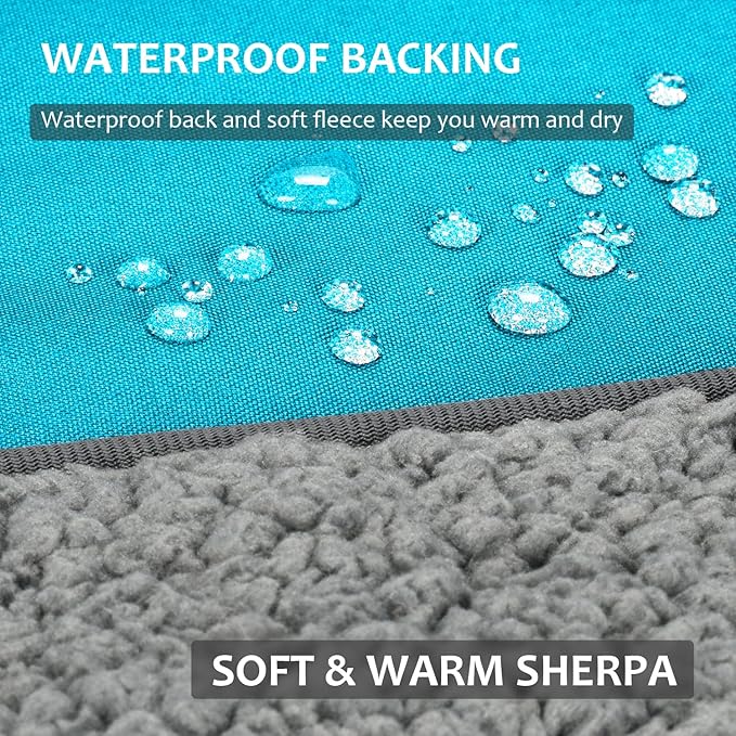 Tirrinia Outdoors Waterproof Throw Blanket, 51”x 59” Sherpa Fleece Stadium Windproof Mat for Boat, Traveling, Camping, Hiking, Football - Machine Washable, Aqua Grey