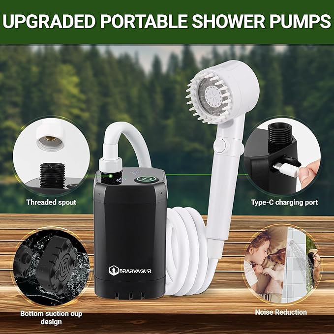 Upgrade Portable Camping Shower, 6000mAh Rechargeable Electric Shower Pump with Intelligent Digital Display Multiple Spray Modes Filtered Shower Head with Handheld for Outdoor Hiking, Travel