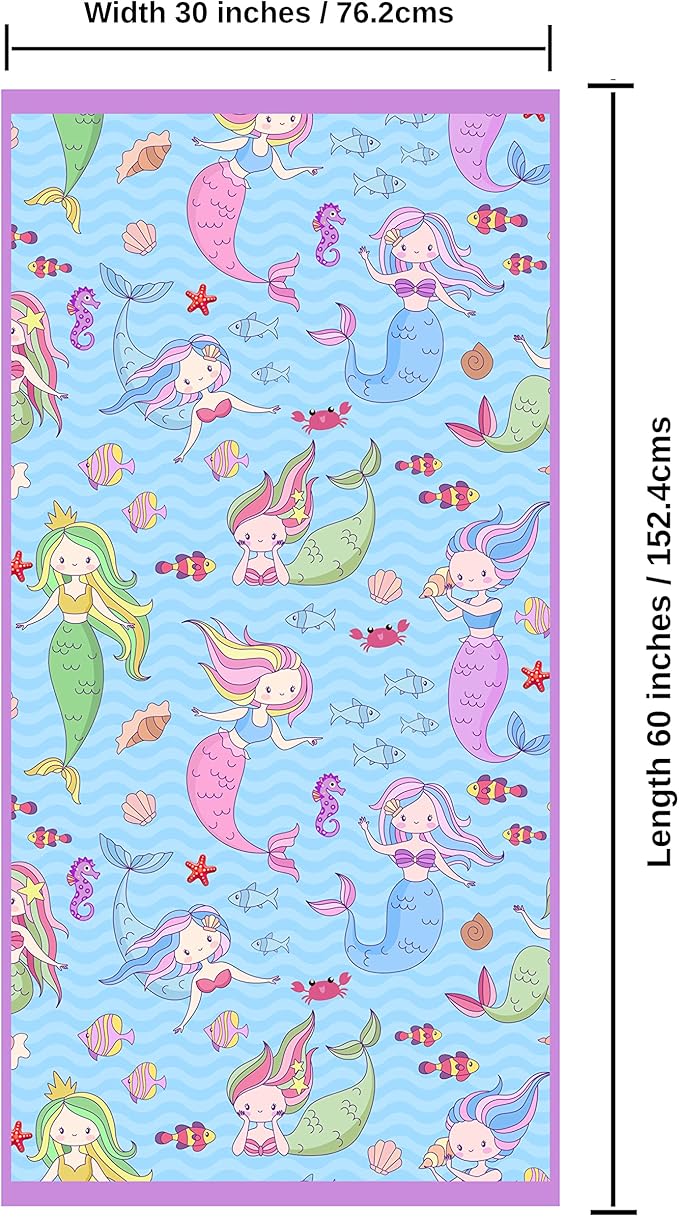 Microfiber Beach Towel for Kids - Thin and Large (30"x60") - Mermaids - Absorbent, quick dry, sand free, lightweight, blanket - toddler, girls, boys - For Sports, Pool, Picnic, Camping, Travel, Swim