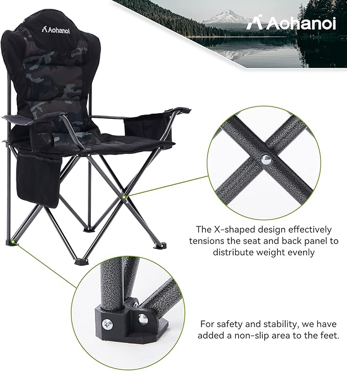 Camping Chairs, Outdoor Folding Chairs 2 Pack for Heavy People, Folding Chairs for Outside, Camp Chairs with Cup Holder & Cooler Bag, Supports up to 300lbs (2 Pcs, Camo)