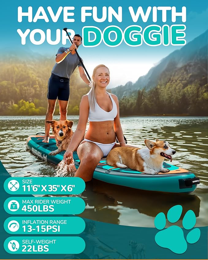 11'6×35" Super Wide Inflatable Stand Up Paddle Board, Ultra Stable Wide SUP for 2+1 People/Family/Big Size, 100L Backpack, All-Round Sup Board, US Big Fin