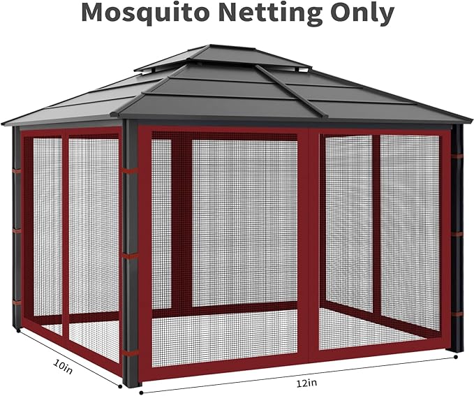 Gazebo Replacement Mosquito Netting Outdoor Universal Gazebo Canopy 4-Panels Screen Sidewalls with Zipper for Patio Garden (Red, 10x12)