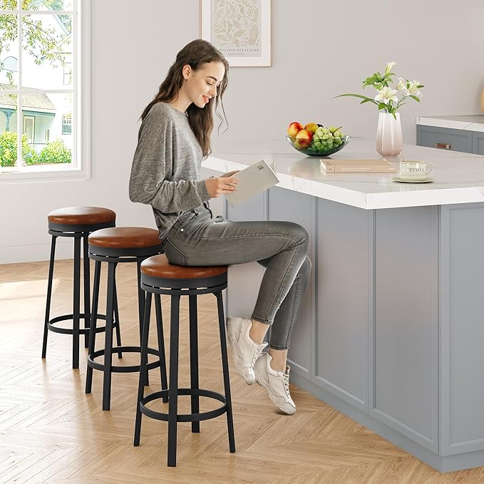 IDEALHOUSE 30'' Swivel Bar Stools Set of 2 with Footrest, Modern Counter Height Barstools with PU Leather Upholstered and Metal Frame, Backless Round Bar Stools for Kitchen Island, Brown