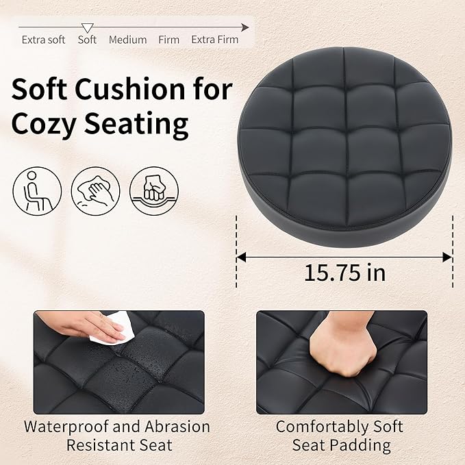 Rolling Stools with Wheels (300lbs Capacity) (Adjustable Height 20"-27") Black Leather Tattoo Vanity Massage Stool (Black)