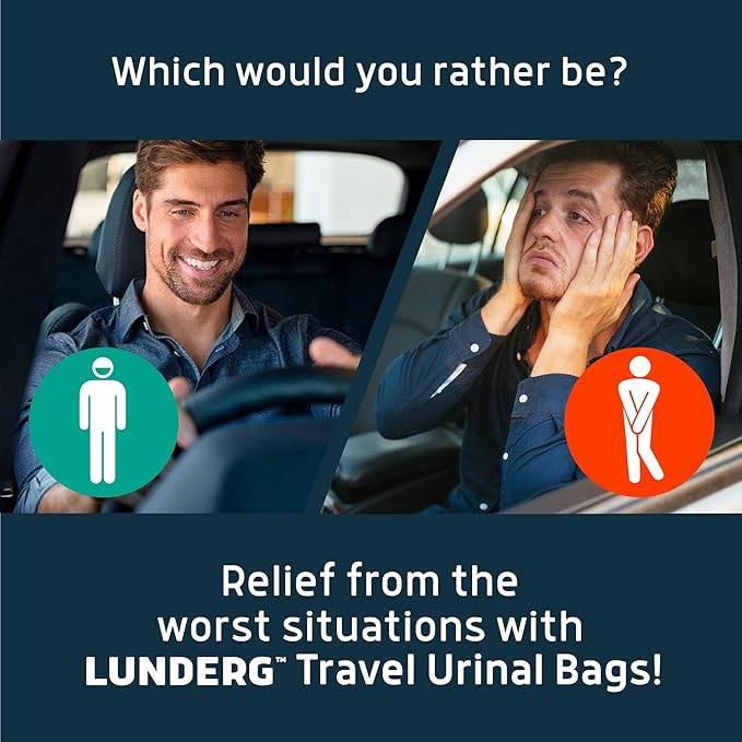 Lunderg Disposable Urine Bags for Men with Super Absorbent Pad - Value Pack 20 Count - Disposable & Portable - For travel, Car Pee Bag or Pocket Toilet for Emergency & Camping. Help Yourself Anywhere!