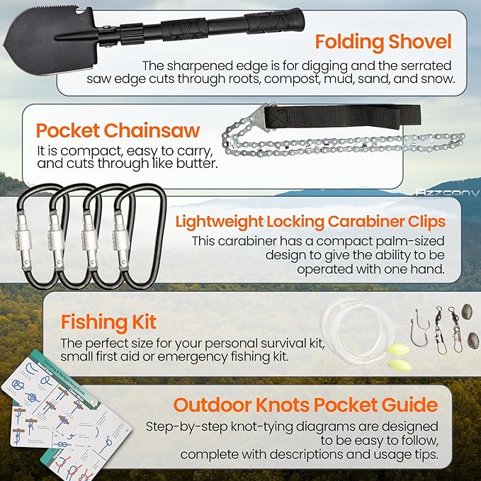 Emergency Survival & First Aid Kit & Tourniquet - 250 PCS Go Bugout Bag Survival Gears with Compass Flashlight Shovel - Tactical Military Grade EDC Backpack for Outdoor Camping Scout