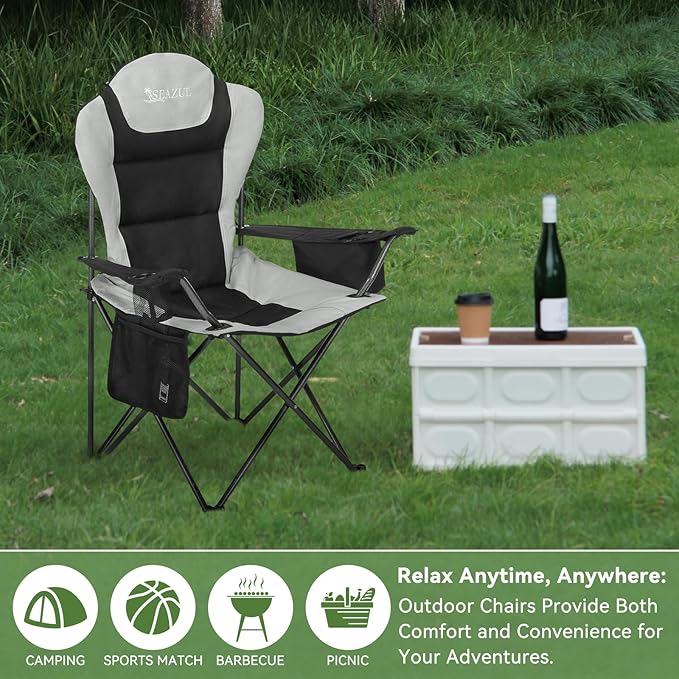 Camping Chairs for Adults, Camping Chairs 2 Pack, Folding Chairs for Outside, Support 380 LBS, Portable Travel Outdoor Camp Chair with Cup Holder & Cooler Bag, Sports Chairs for Baseball, Park