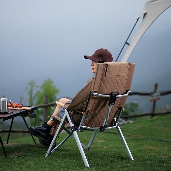 Camping Reclining Chair, Heavy Duty Folding Chairs with 4-Stage Adjustable High Back for Adults, Compact Foldable Outdoor Patio Reclining Chair with Storage Bag (Khaki)