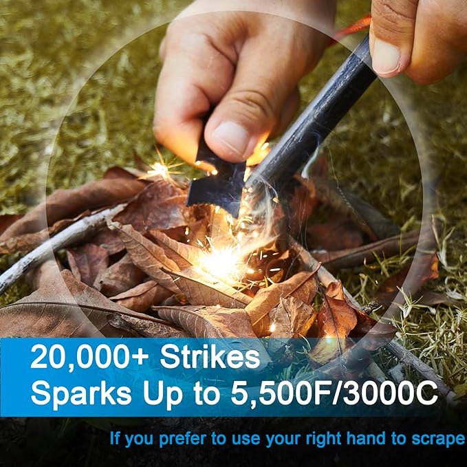 Ferro Rods 1/2 inch x 6 inch, Premium Ferro Rod Fire Starter Survival Tool, Flint and Steel Fire Starter Kit, 20,000+ Strikes, Large and Thick Ferro Rod with Paracord & Multi-Tool Striker.