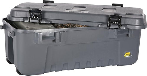 Plano Storage Trunk with Wheels, Gray, Lockable Storage Box, Airline Approved Sportsman Trunk, Hunting Gear and Ammunition Bin, Heavy-Duty Containers for Camping, 108-Quart