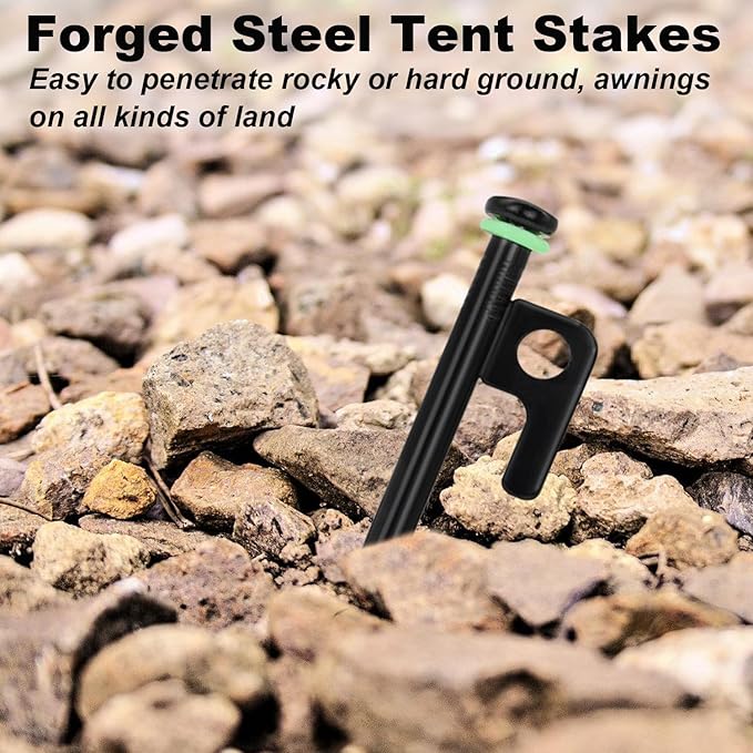 10Pcs Tent Stakes, 12in Heavy Duty Tent Stakes with Storage Pouch, Forged Steel Tent Sakes Metal, Metal Stakes for Tent Used on Grassland, Snowfield, Dessert(10Pcs, 12in, Diameter 3/8")
