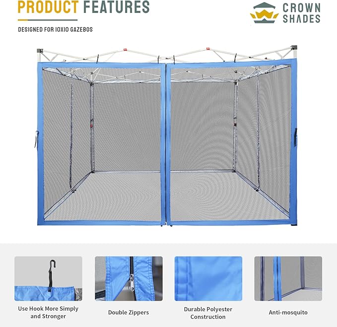 CROWN SHADES Gazebo Mosquito Net for 10 x 10 Pop Up Canopy - Patio Gazebo Mesh Sidewall with Zipper for Outdoor Tent, Garden and Backyard (4 Packs, Blue
