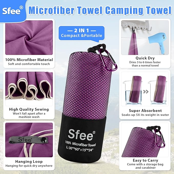Sfee 2 Pack Microfiber Travel Towel, Quick Dry Towel Camping Towel Beach Towel Super Absorbent Compact Lightweight Sports Towel Gym Towel Set for Beach, Gym, Hiking, Pool, Backpacking, Bath, Yoga