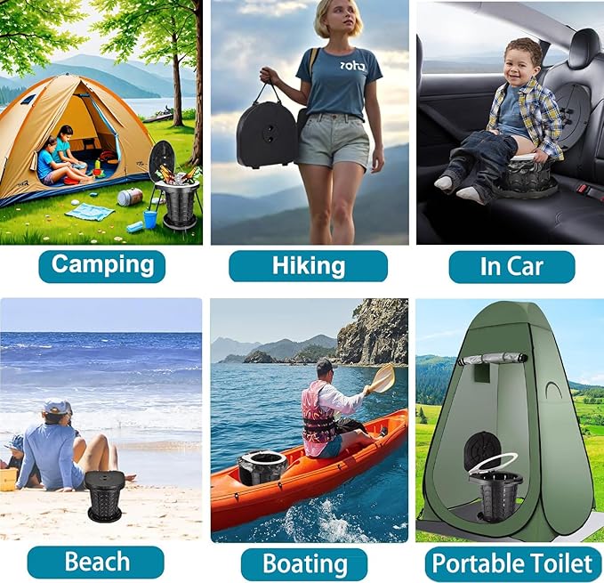 Fishboy Upgraded Portable Toilet for Camping, Adjustable Retractable Outdoor Toilet, Travel Potty with Carrying Handle and Storage Bag for Adults Kids for Hiking, Trips, Tent, Boat, Beach (Black)