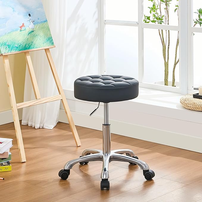 Rolling Stools with Wheels (300lbs Capacity) (Adjustable Height 20"-27") Black Leather Tattoo Vanity Massage Stool (Black)