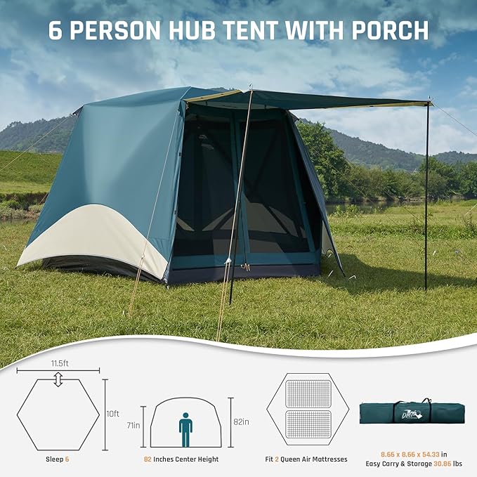 Instant Tents for Camping Pop Up Screen Tent with Rainfly and Porch, 6 Person Large Family Camping Tent with Floor, Easy 60S Setup Hub Tent for Outdoor Picnic Backyard, 11.5'L x 10'W x 6.83'H