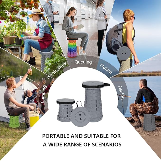 Portable Telescoping Collapsible Stool – Adjustable Height Folding Seat (Up to 450 lbs), Lightweight Camping Stool & Travel Seat for Fishing, Hiking, BBQ, Indoor & Outdoor(Light Gray)