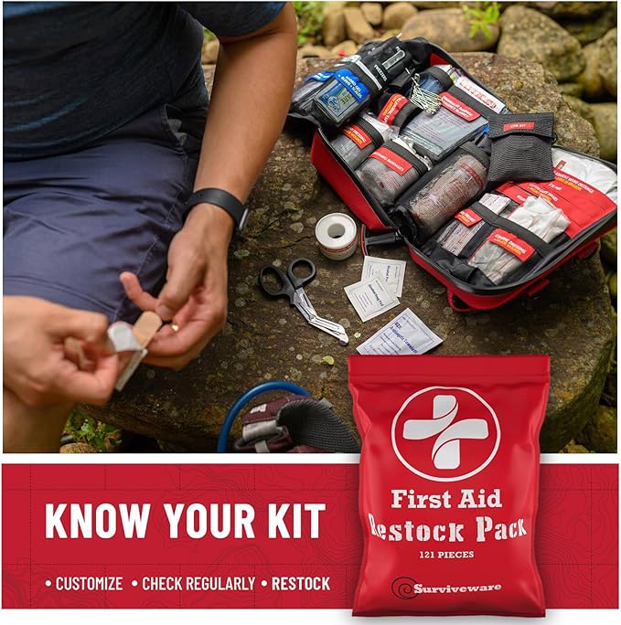 Surviveware Waterproof First Aid Kit - Survival Emergency Preparedness for Travel Camping Gear, Survival Kits, Home Essentials and Outdoor Emergencies - Refill Pack