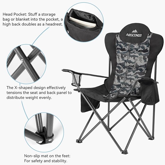 ABSCONDO Camping Chairs for Adults, Oversized Folding Camp Chair for Outdoor with Cup Holder & Cooler Bag, XL Heavy Duty Lawn Chairs Supports up to 350lbs (2 Pcs)