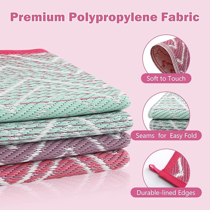 Lahome Outdoor Rugs 8x10 Waterproof, Reversible Plastic Large Outdoor Rug for Patios, Outside RV Mat Carpet for Patio Deck Porch Backyard Balcony Picnic Trailer(Pink/Green, 8' x 10')