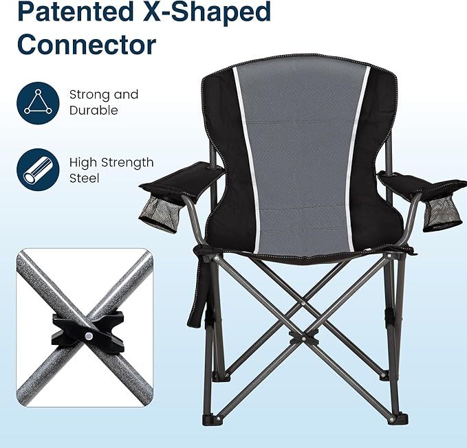HIGH POINT SPORTS Oversized Camping Folding Outdoor Chair with Armrest, Collapsible Portable Lawn Chair with Cup Holder for Adults Support 350 LBS, Gray-Black