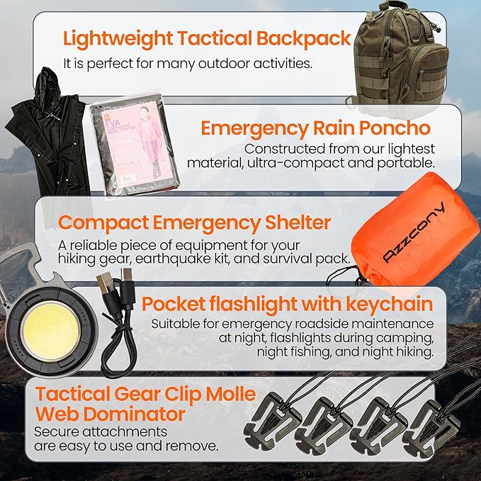 Emergency Survival & First Aid Kit & Tourniquet - 250 PCS Go Bugout Bag Survival Gears with Compass Flashlight Shovel - Tactical Military Grade EDC Backpack for Outdoor Camping Scout