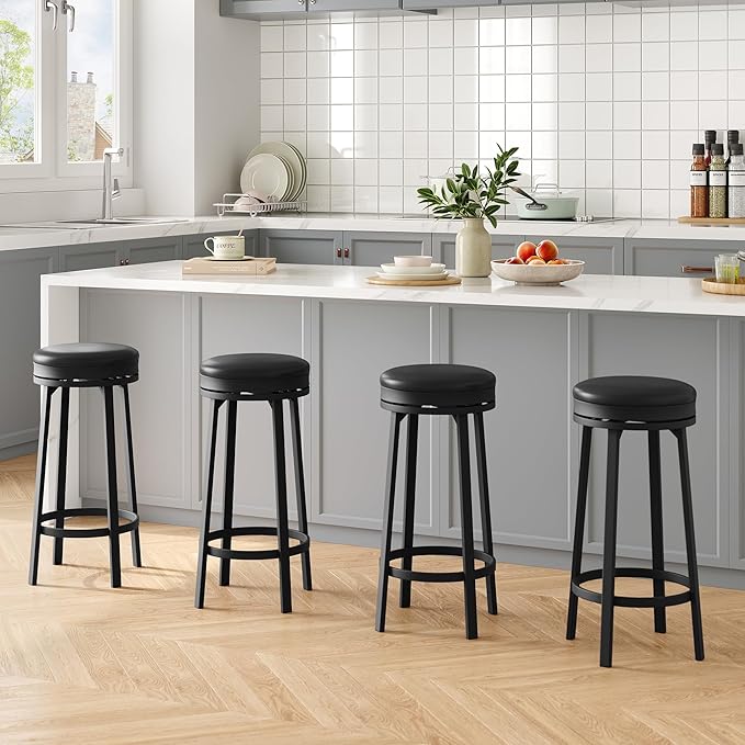 IDEALHOUSE 30'' Swivel Bar Stools Set of 4 with Footrest, Modern Counter Height Barstools with PU Leather Upholstered and Metal Frame, Backless Round Bar Stools for Kitchen Island, Black