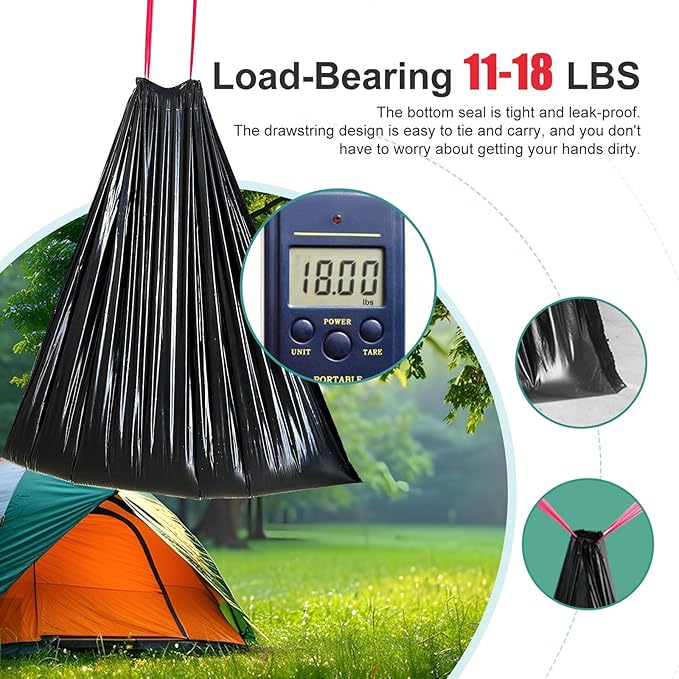 Portable Toilet Bags Drawstring 8 Gallon 60 Count,Camping Toilet Bags Toilet Trash Bags Leak-Proof, Waste Bags for Camping, Hiking, Traveling,Emergency, Outdoor Activities