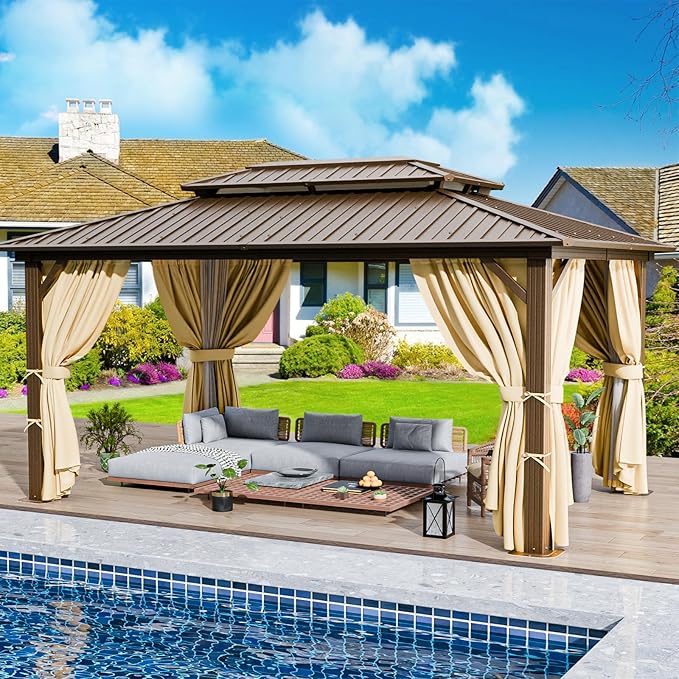 HOTEEL 10x12 Hardtop Gazebo with Heavy Duty Galvanized Steel Double Roof, Aluminum Frame, Flame-Resistant Curtains and Netting, Outdoor Permanent Pavillon for Backyard, Brown (2025 Upgraded)