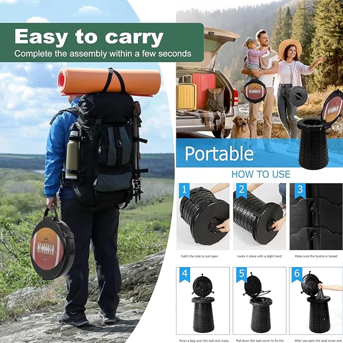 ALEVMOOM 19.7" XXL Portable Toilet for Camping 3-in-1 Travel Stool with Lid Adjustable Waterproof Foldable Collapsible 880Lbs Load Capacity for Traffic Jam/Fishing/Hunting/Hiking/Boating