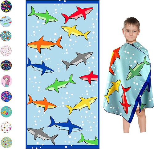 Microfiber Beach Towel for Kids - Thin and Large (30"x60") - Shark - Absorbent, quick dry, sand free, lightweight, blanket - toddler, girls, boys - For Sports, Pool, Picnic, Camping, Travel, Swim