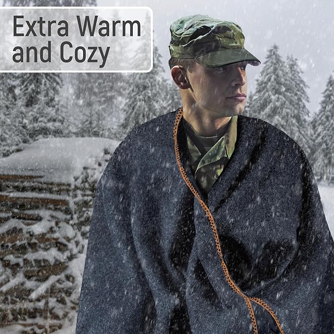 JMR Wool Camping Blanket - Warm Heavy Car Blanket & Camp Quilt - Survival Emergency Blanket for Sleeping Outdoors - Multi-Use Wool Blanket for Camping, Car & Home - 80% Wool, Navy, 66X90