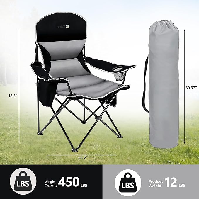 XMT Extra Wide Armrests Portable Folding Chair with Cup Holder Cooler Bag Heavy Duty 600D Oxford Fabric Supports 450lbs Compact Foldable Camping Chair for Outdoor Beach Picnic Sports