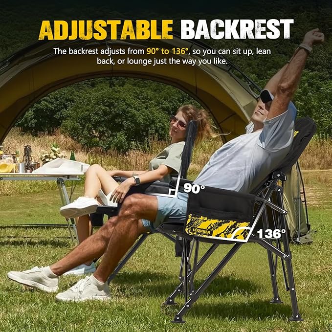 BUNKER INDUST Folding Camping Chair, Oversized with Padded Cushion, Outdoor Chair with Cup Holder Storage Pockets, Adjustable High Backrest Supports 450 LBS for Garden Beach Fishing Lawn