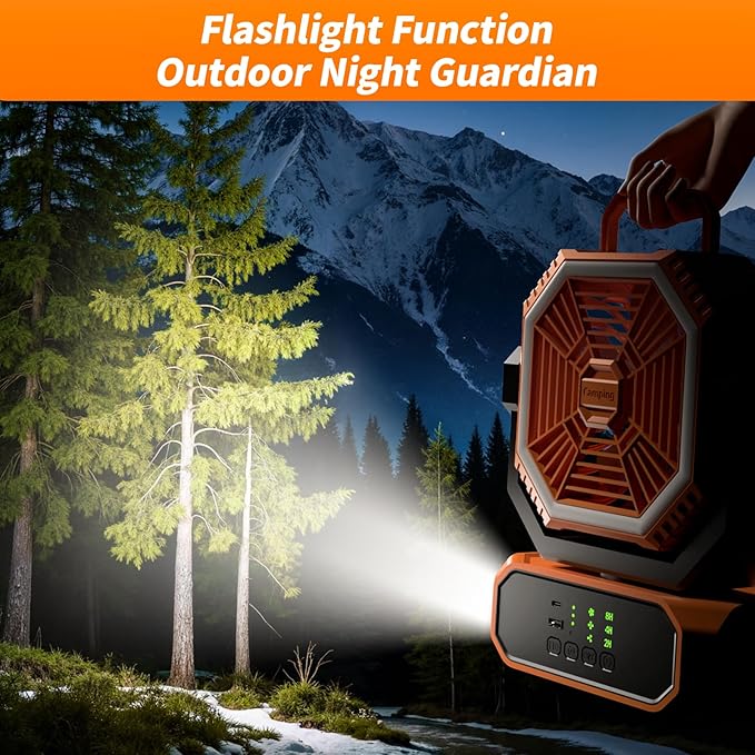 VVU&CCO Portable Fan for Camping with LED Lantern,10000mAh Rechargeable Battery,30H Runtime,USB-C Fast Charging, 3 Speeds - Cordless Desk Fan for Travel Hiking Beach Home Office Tent Desk