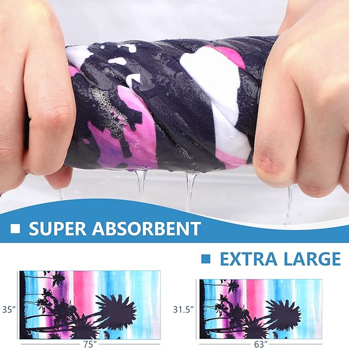 WELTRXE Microfiber Beach Towel Fast Drying, Large 63" x 31.5" Sand Free Beach Towel Adults Kids Oversized Thin Compact Lightweight Pool Towels for Swim, Travel, Camping, Picnic, Yoga, Gym, Sports