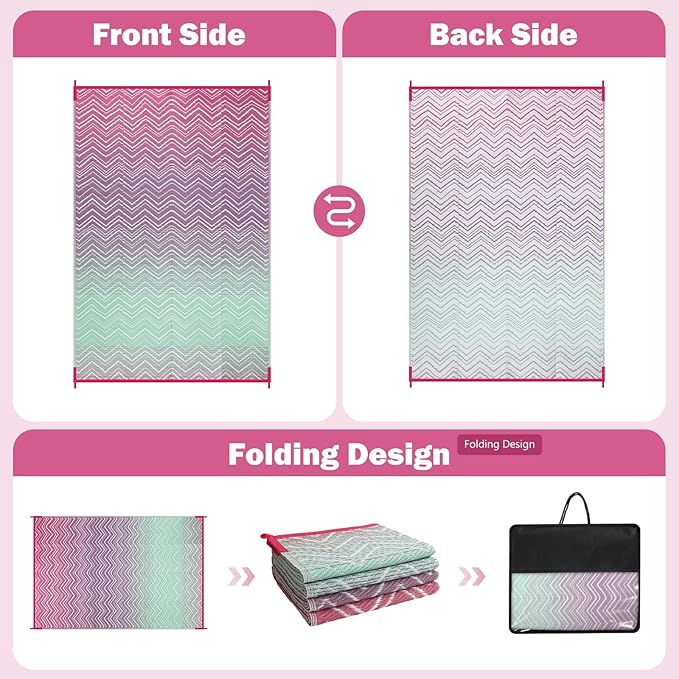 Lahome Outdoor Rugs 8x10 Waterproof, Reversible Plastic Large Outdoor Rug for Patios, Outside RV Mat Carpet for Patio Deck Porch Backyard Balcony Picnic Trailer(Pink/Green, 8' x 10')