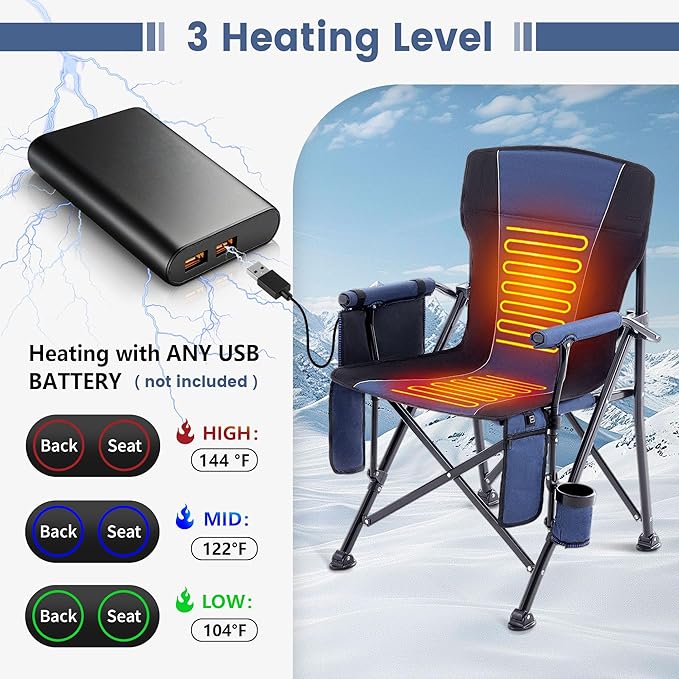 Lamberia Heated Camping Chairs for Adults, Camping Chairs, Portable Heated Chairs for Outdoor, Folding Chairs,Heavy Duty Lawn Chairs for Adults, with Cup Holder,Battery Not Included,Blue