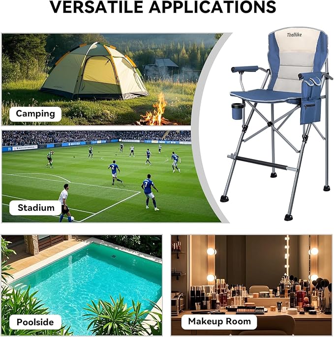 Foldable Directors Makeup Salon High Chair - Portable Camping Bar Height Folding Photoshoot Chairs with Stroage Bag Cup Holder Non-Slip Footrest, Supports 400 lbs Blue Tall Director Chair
