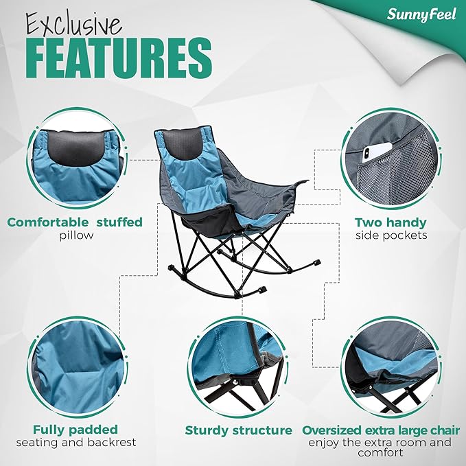 SUNNYFEEL Oversized Rocking Camping Chair, Fully Padded Patio Chair with Side Pocket, High Back Portable Lawn Recliner with Headrest, Outdoor Camp Rocker Chairs for Adults Heavy Duty 300 LBS