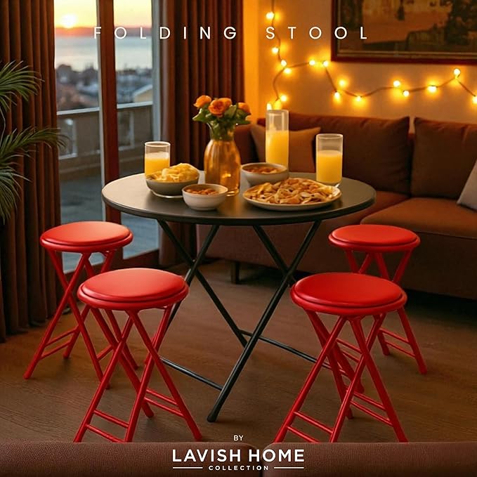 Lavish Home Folding Stool Set - Set of Four 24-Inch Padded Stools with 225lb Capacity for Kitchen, Dorm, or Rec Room - Portable Stools for Adults - Collapsible Sitting Stool Set for Seating (Red)