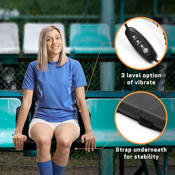 Massage Bleacher Seat with Backrest Stadium Seats for Bleachers Stadium Seat Cushion Stadium Seating for Bleachers, USB Battery Included - Upgraded 3 Levels of Massage - Memory Cushioned, 4 Pockets