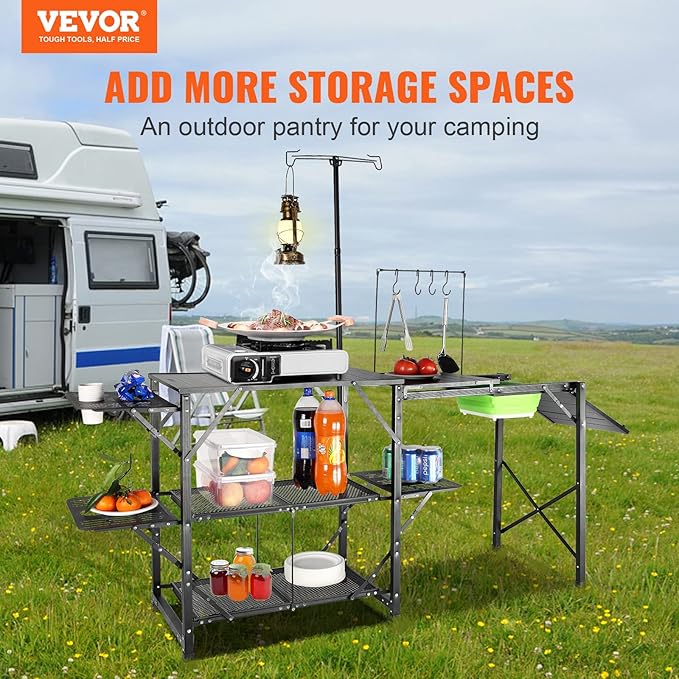 VEVOR Camping Kitchen Table with Sink, Aluminum Folding Portable Outdoor Cook Station, 2 Shelves & Carrying Bag for Picnic BBQ Beach Traveling